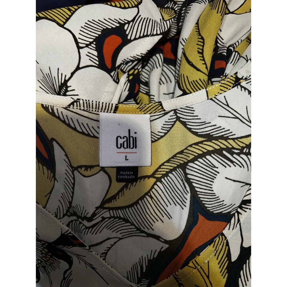 Cabi 3954 Miranda Blouse Womens Large Yellow Floral V-Neck Smocked Sleeve Top - Picture 6 of 7
